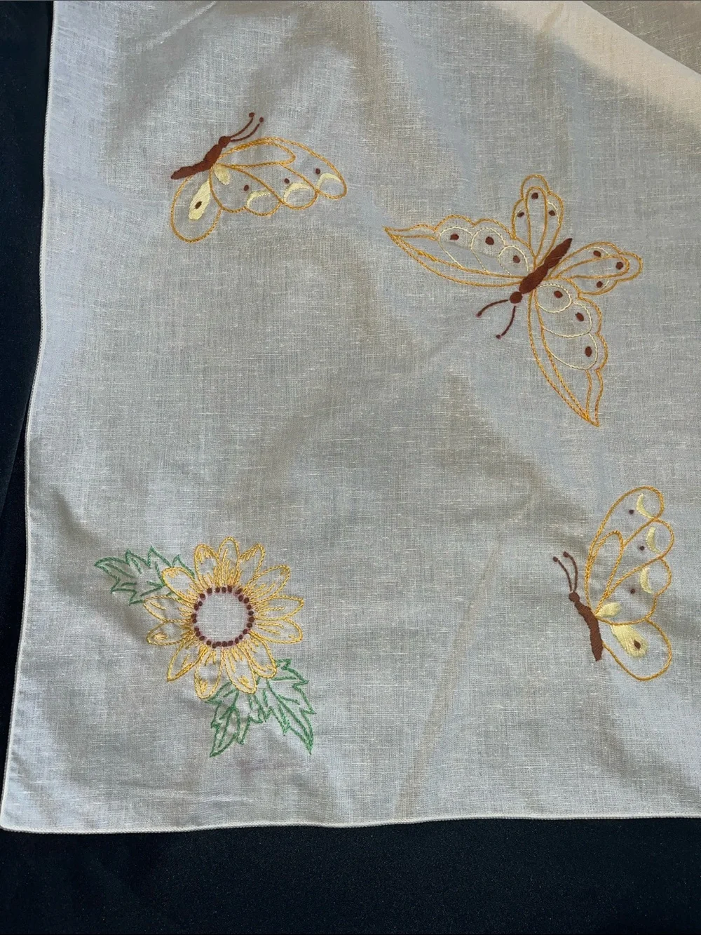 Vtg Embroidery Sunflowers & Butterflies Tablecloth Floral Nature 49.5x50 Cottage